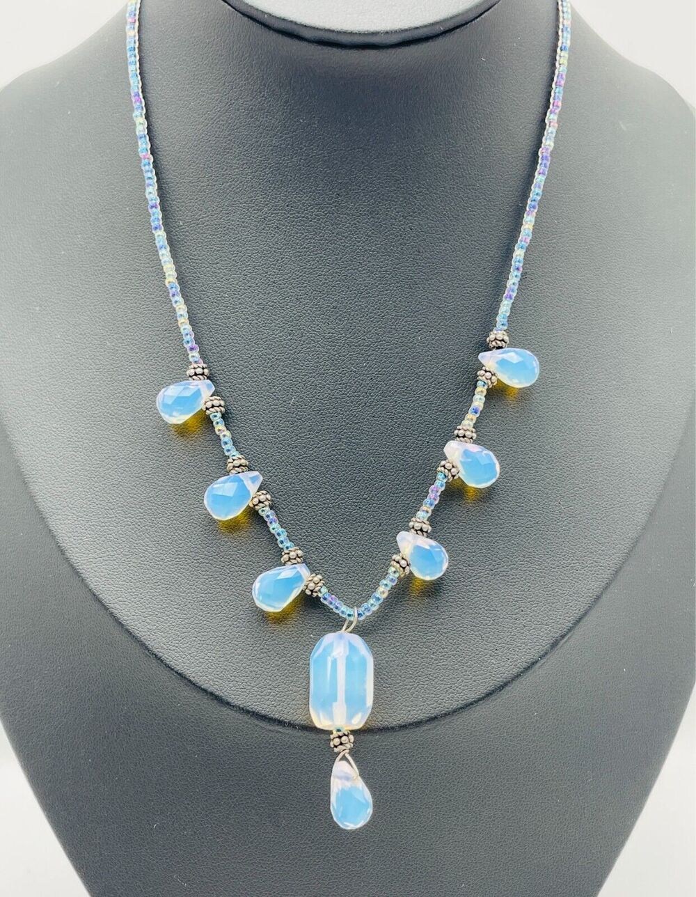 Stix & Stonz Faceted Opalite Glass w Seed Bead 18" Beaded Necklace Lobster Clasp